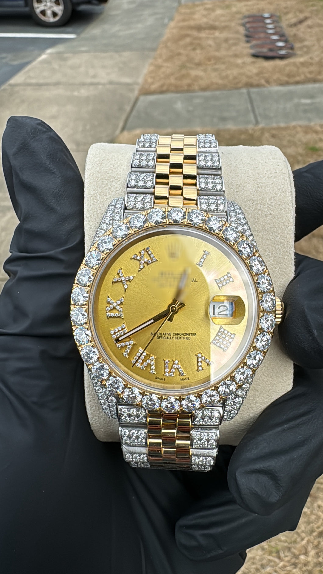Half Iced Custom Moissanite Watch (Gold Face)