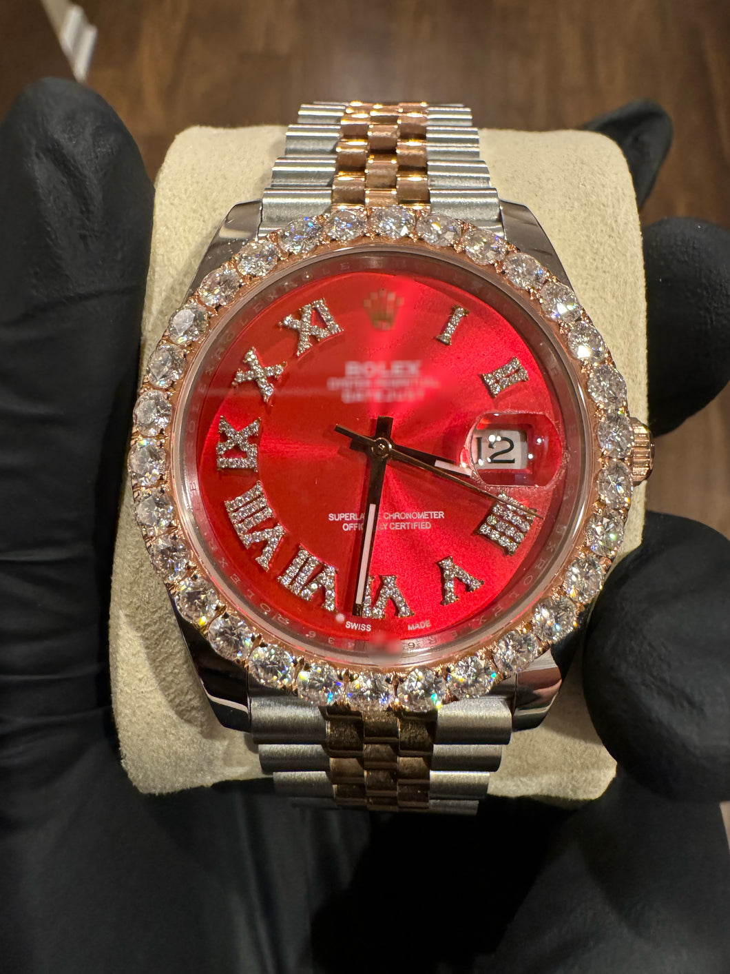 Custom Moissanite Watch (Red Face/Roman Numerals)