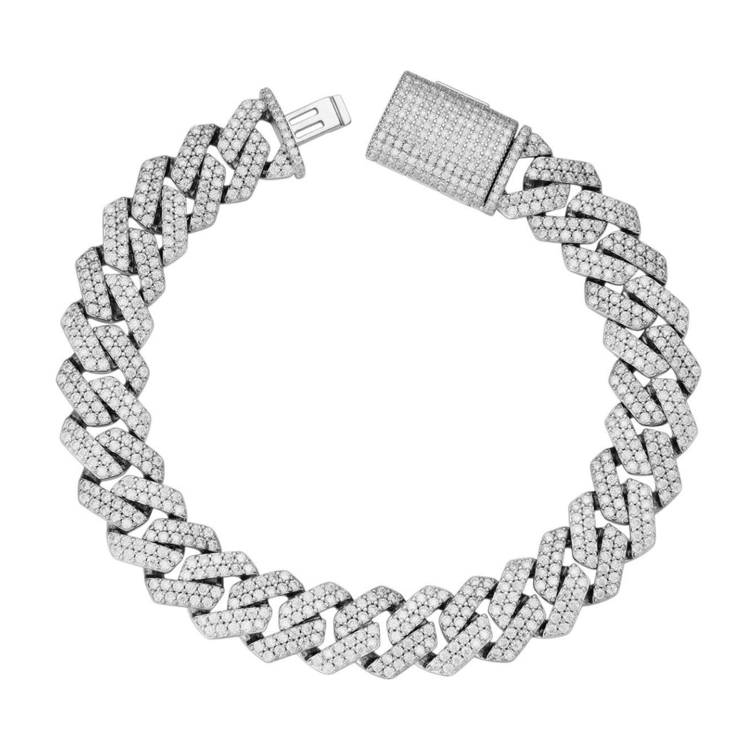 12mm Prong Miami Cuban Link Bracelet (925 Silver/White Gold)