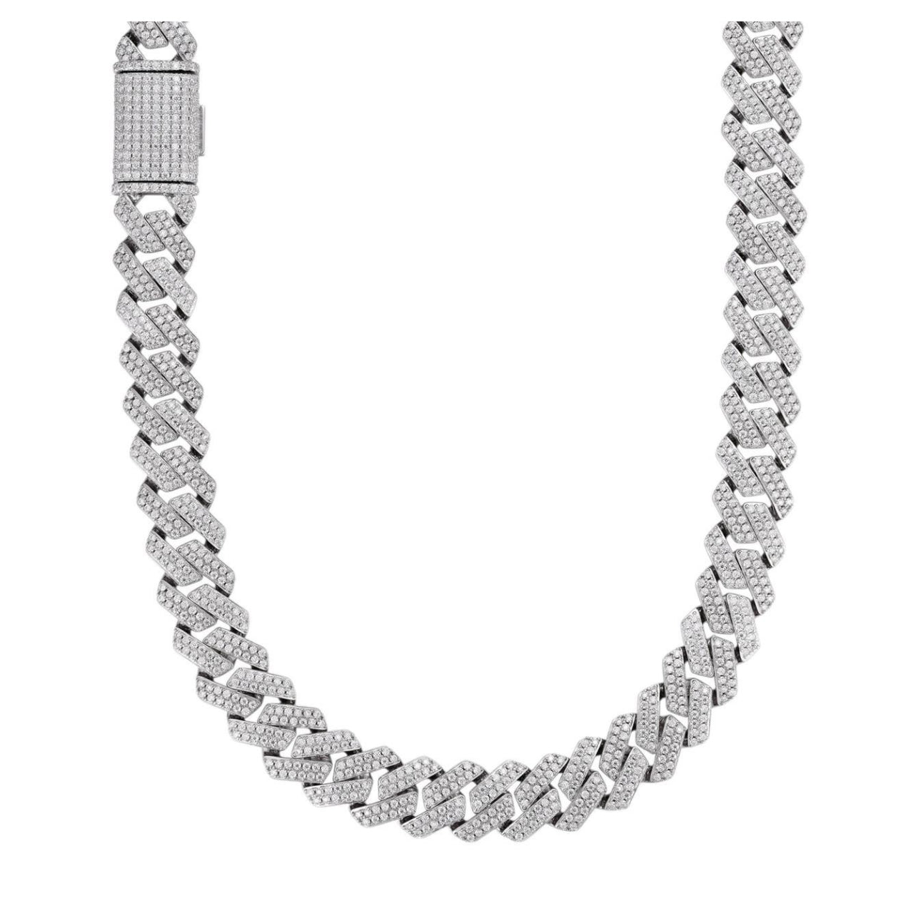 12mm Moissanite Prong Miami Cuban Link Chain (925 Silver/White Gold)