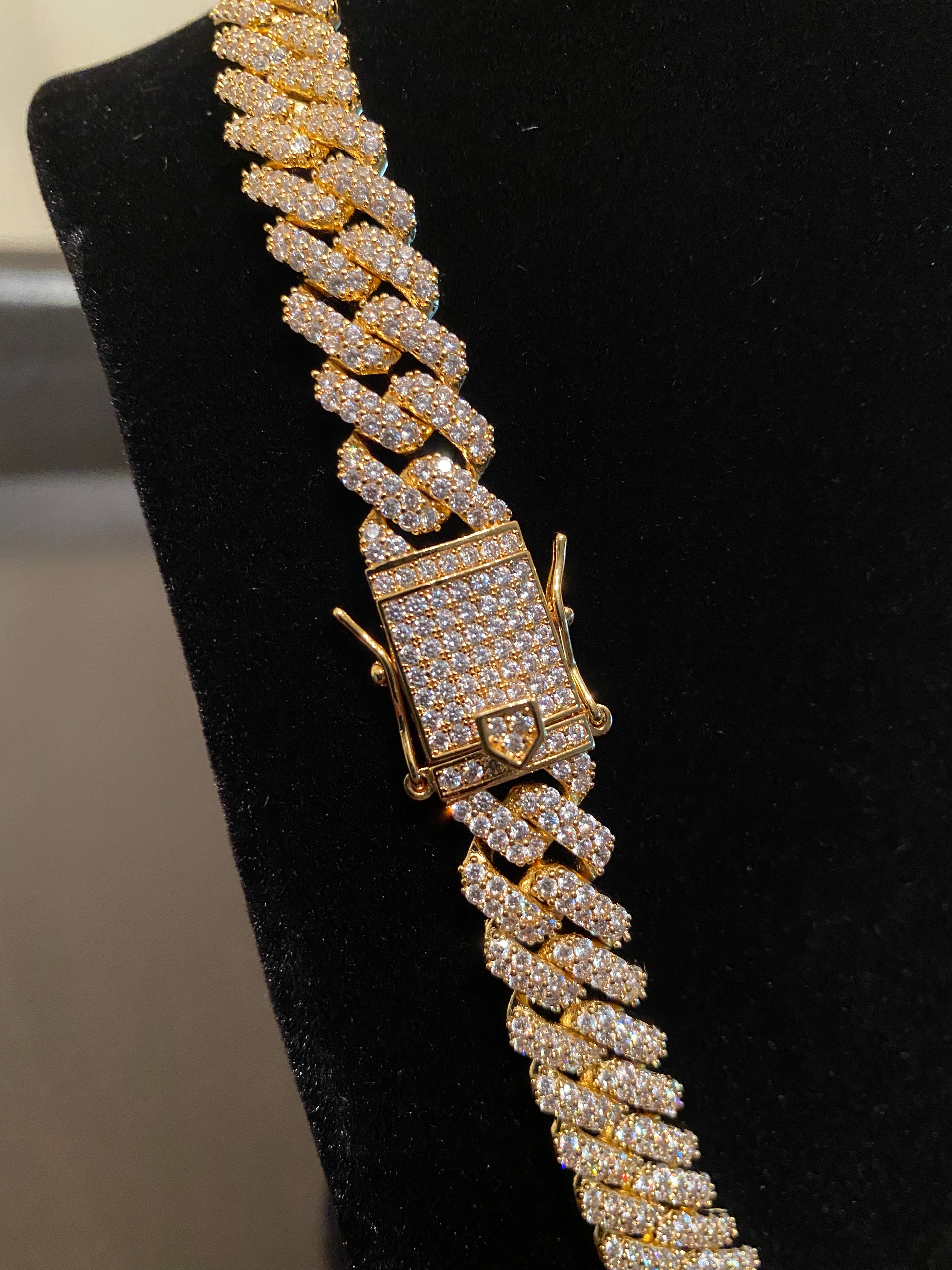 12mm Prong Set Miami Cuban Link Chain (Yellow Gold)